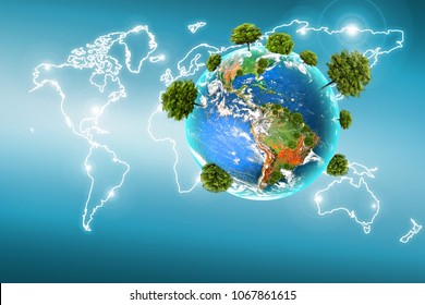 Ecological concept of the environment with the cultivation of trees . Planet Earth. Physical globe of the earth. Elements of this image furnished by NASA. 3D illustration - Powered by Shutterstock