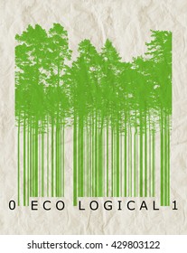 Ecological natural product bar code concept with green trees silhouettes over old paper texture