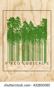 Ecological natural product bar code concept with green trees silhouettes over wooden texture