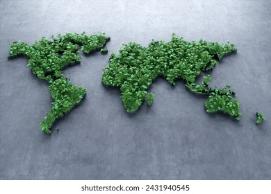 Ecological world map consisting of green grass and tropical leaves on concrete background. Concept of recycling garbage, air purification. modern design, magazine style. Copy space, 3D render