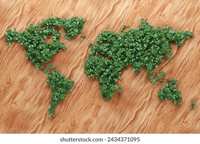 Ecological world map consisting of green grass and tropical leaves on wooden background. Concept of recycling garbage, air purification. modern design, magazine style. Copy space, 3D render