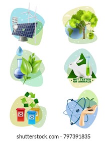 Ecology 6 Icons Set With Clean Green Energy Generators Recycling And Ban On Animal Testing Isolated  Illustration 