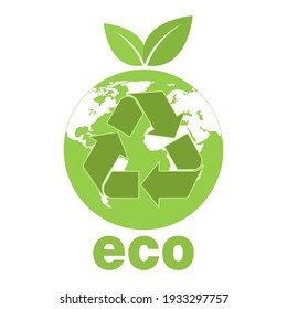 ecology concept illustration. recycling symbol on the background of the globe with green leaves