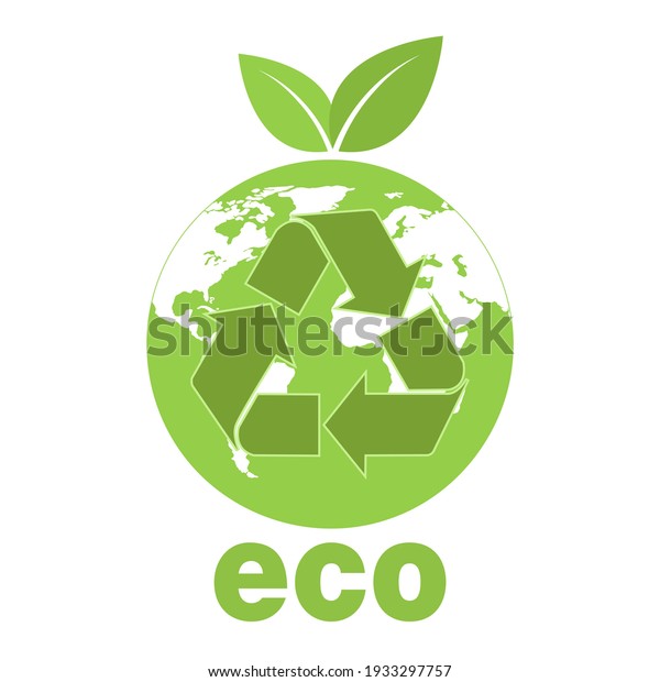 ecology concept illustration.\
recycling symbol on the background of the globe with green\
leaves