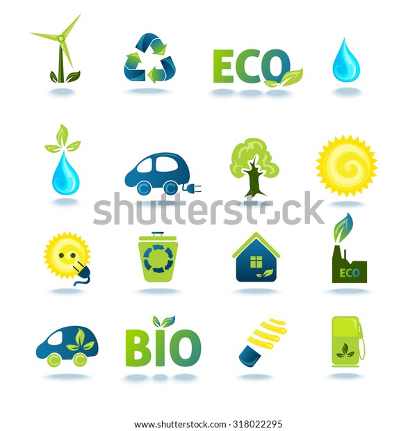 Ecology green energy and recycling icons\
with shadows set isolated \
illustration