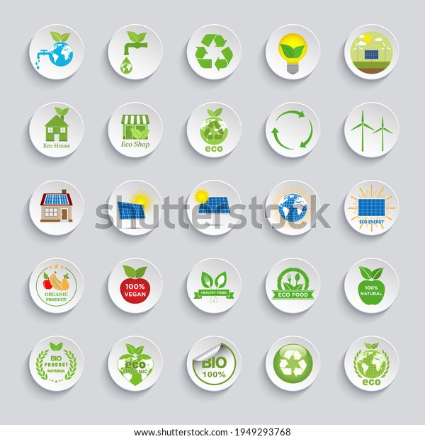 Ecology icons set. Eco friendly flat sign\
collection.Problems of ecology and environment, renewable energy,\
friendly industry.\
