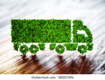 Ecology Logistics Concept. 3D Illustration Of A Green Truck With A Blurred Wood Background.