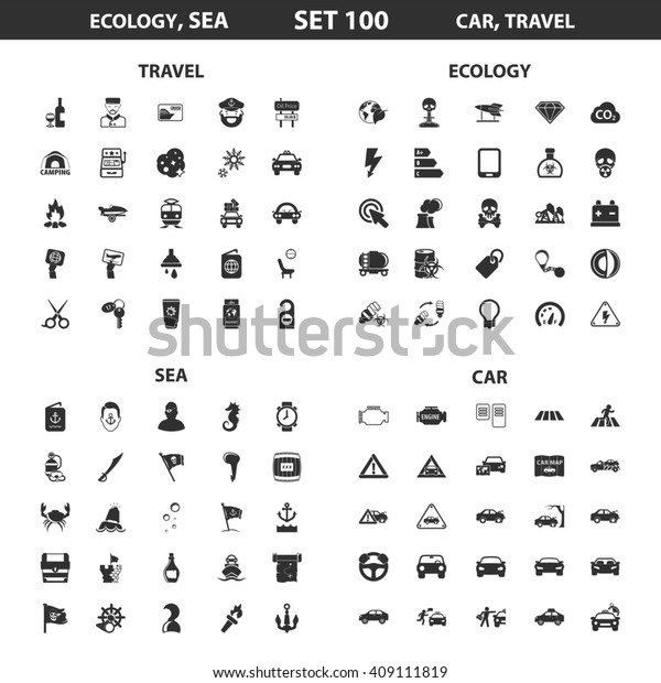 Ecology, sea set 100 black simple icons.\
Ocean, car icon design for web and mobile\
device.