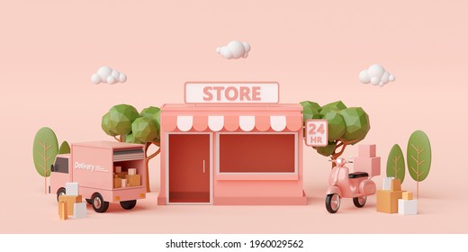 E-commerce Concept, Convenience Store And Delivery Service By Scooter And Truck, 3d Illustration