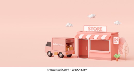 E-commerce Concept, Convenience Store And Delivery Service By Truck, 3d Illustration