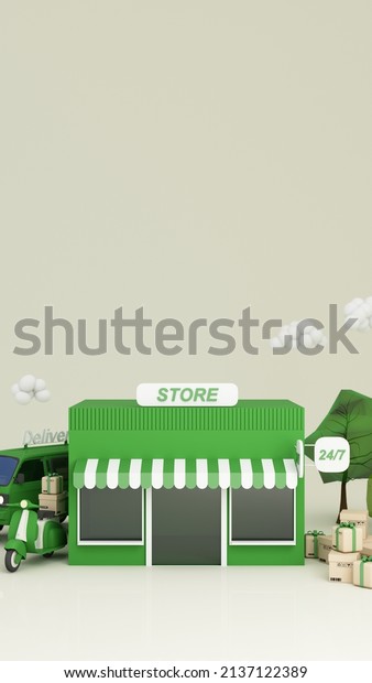 E-commerce concept, Delivery service from front\
store, Transportation delivery by Vans, truck and motorbike scooter\
and product packages, gift boxes, tree low polygon on green tone 3d\
rendering