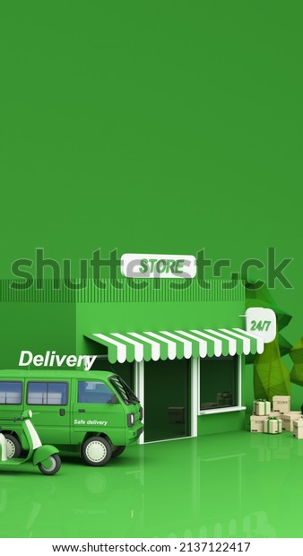 E-commerce concept, Delivery service from front
store, Transportation delivery by Vans, truck and motorbike scooter
and product packages, gift boxes, tree low polygon on green tone 3d
rendering