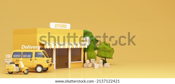 E-commerce concept, Delivery service from front\
store, Transportation delivery by Vans, truck and motorbike scooter\
and product packages, gift boxes, tree low polygon on yellow tone\
3d rendering