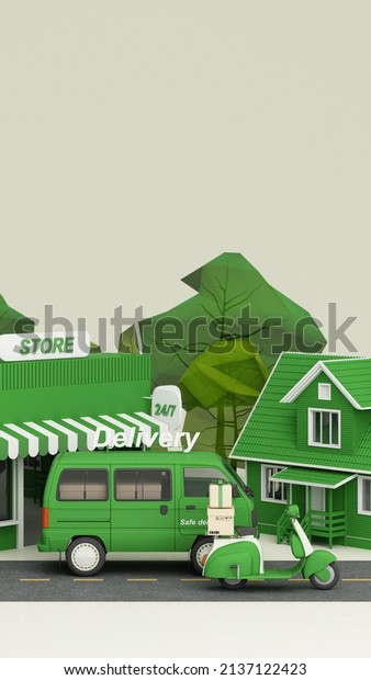 E-commerce concept, Delivery service from front\
store to home, Transportation delivery by Vans, truck and motorbike\
scooter and product packages, gift boxes, tree low polygon green\
tone 3d\
rendering