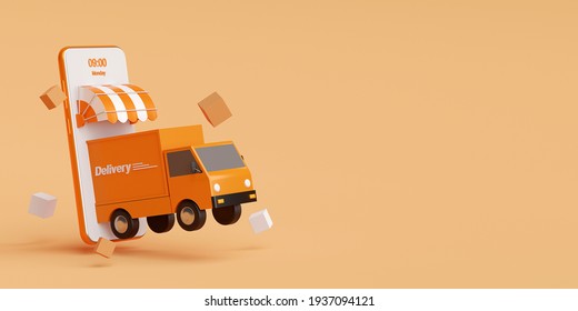 E-commerce concept, Delivery service on mobile application, Transportation delivery by truck, 3d rendering