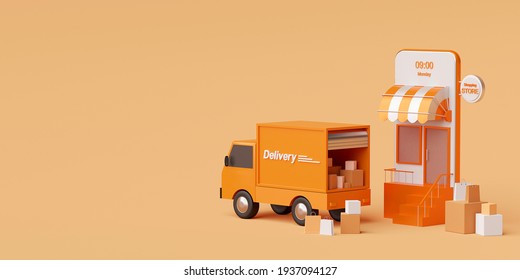 E-commerce Concept, Delivery Service On Mobile Application, Transportation Delivery By Truck, 3d Rendering