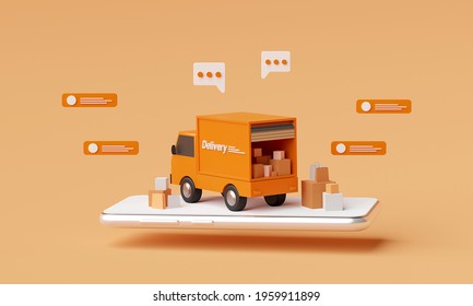 E-commerce Concept, Delivery Service On Mobile Application, Transportation Delivery By Truck, 3d Rendering