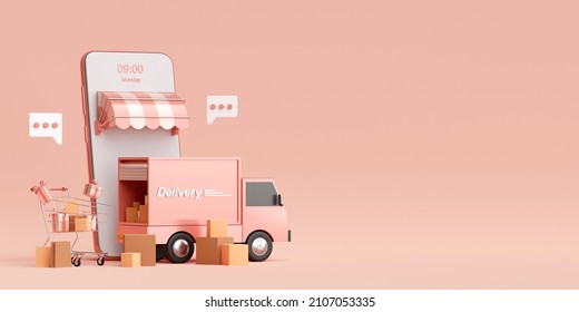 E-commerce Concept, Delivery Service On Mobile Application, Transportation Delivery By Truck, 3d Rendering