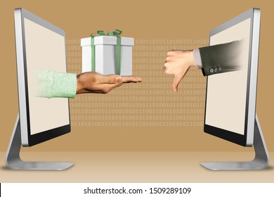 Ecommerce Concept, Hands From Computers. Hand With Gift Box And Thumbs Down, Dislike . 3d Illustration