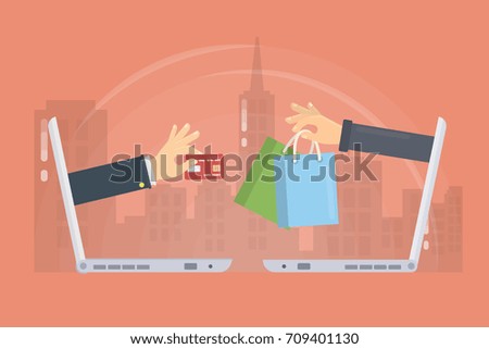 E-commerce concept illustration. Laptops with hands. Credit card and shopping bag.