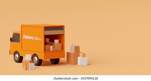 E-commerce Concept, Transportation Shipment Delivery By Truck, 3d Rendering