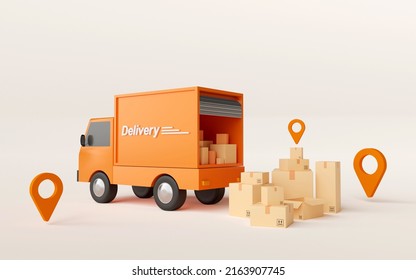 E-commerce Concept, Transportation Shipment Delivery By Truck, 3d Illustration