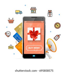 Ecommerce Design Online Concept Mobile Phone App Elements For Support Service Web Shopping. Illustration