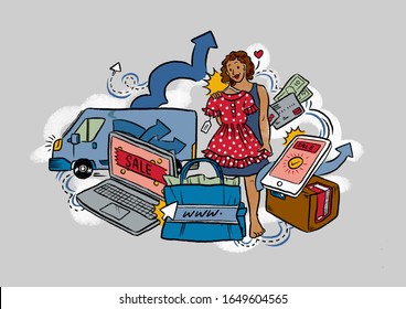 E-commerce, Fast Fashion, Technology And Logistics Illustration.