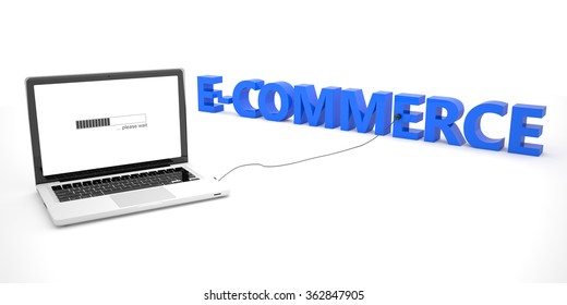 E-Commerce - laptop notebook computer connected to a word on white background. 3d render illustration.