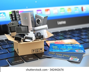 E-commerce Or Online Shopping Or Delivery Concept. Home Appliance In Box With Credit Cards On The Laptop Keyboard. 3d