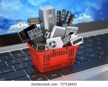 E-commerce Online Shopping Or Delivery Concept. Home Appliance In Shopping Cart On The Laptop Keyboard. 3d Illustration.