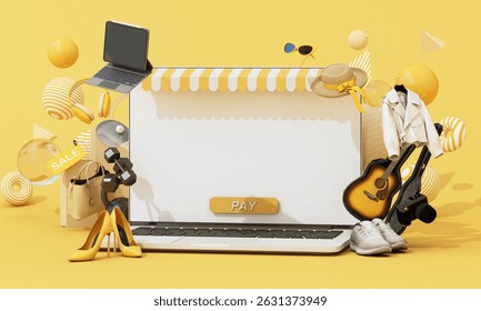 E-commerce theme with large laptop screen, surrounded by colorful lifestyle and sale items. 3d rendering.