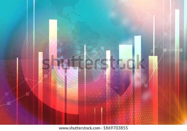 Economic analytical graph at background\
with bars and digital binary codes, 3d\
Illustration