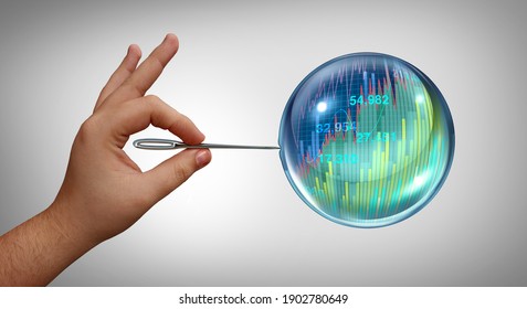 Economic Bubble Burst And Stock Market Speculation Concept And Overvalued Economy As A Financial Crisis And Finance Risk To Investors And Speculative Valuation With 3D Render Elements.