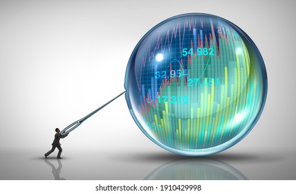 Economic Bubble Danger And Financial Burst Or As A Stock Market Business Speculation With A Businessman Short Seller Concept And Overvalued Inflated Economy With 3D Illustration Elements.