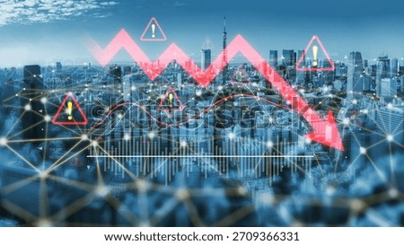 Economic caution visualized with fluctuating market graph, alert symbols, and negative data trends. Represents financial risk, market volatility, and economic uncertainty. Spline
