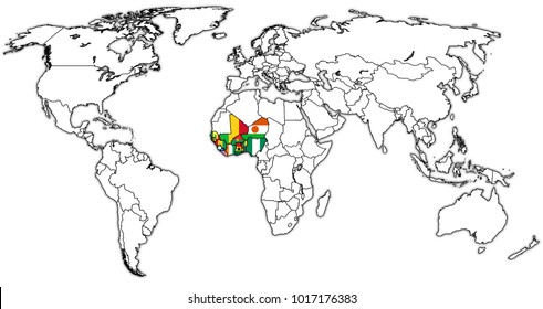 Economic Community Of West African States Member Countries Flags On World Map With National Borders