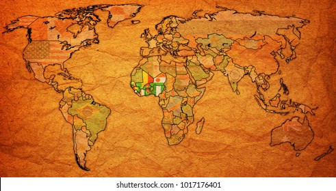 Economic Community Of West African States Member Countries Flags On World Map With National Borders