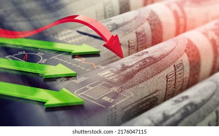 Economic crisis, recession or inflation in United States of America symbol with downward development arrow. US dollar bill inflation 3D illustration metaphor background.
