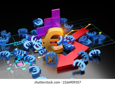 Economic Crisis, Stagflation, Recession Or Inflation Symbol Of The European Union With A Downward Arrow Graph. 3D Render Financial Metaphor Background Concept