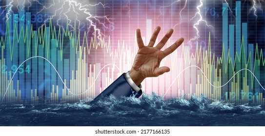 Economic Emergency And Financial Risk Or Investment Danger As Stock Market Turbulence Crisis And Economic Storm As A Drowning Business Person In Economic Despair In A 3D Illustration Style.