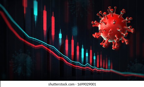 Economic graph chart and business report, red coronavirus macro on screen and blurred background. Business and economy 3D illustration.	
