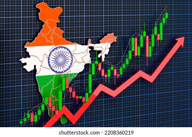 Economic Growth In India, Uptrend Market, Concept. 3D Rendering On Blue Dark Background