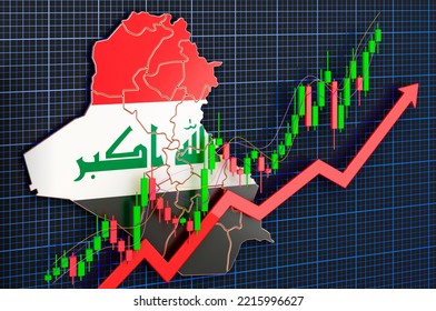 Economic Growth In Iraq, Uptrend Market, Concept. 3D Rendering On Blue Dark Background