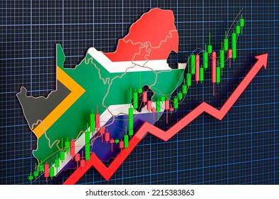 Economic Growth In South Africa, Uptrend Market, Concept. 3D Rendering On Blue Dark Background