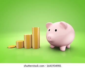 Economic Growth Through Savings, Piggy Bank With Coins, 3d Render