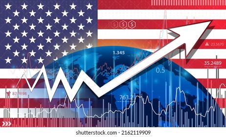 Economic Growth In United States. Economic Forecast For The US Economy. Up Arrow In The Chart Against The Background Of The US Flag.