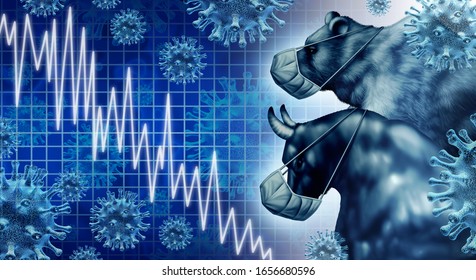 Economic pandemic and coronavirus economy or virus Outbreak and Stock market fear as a bull and bear crisis and sick financial health as a business recession concept with 3D illustration elements.