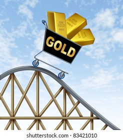 Economic rollercoaster ride representing the falling value of gold due to international economy stress represented by a shopping cart fall with golden yellow metal bars in it.