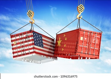 Economic trade war between USA and China, freight transportation concept, cargo containers with USA and China flags hoisted by crane hooks on blue cloudy sky background, 3d illustration